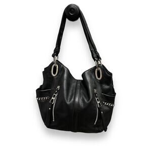 B. Makowsky Leather Hobo Black Alice Satchel with Metal Chains